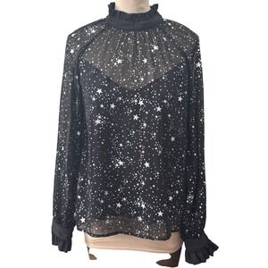 Black Star Print Sheer Blouse Small Ruffle Mock Neck Celestial Top Chiffon Party